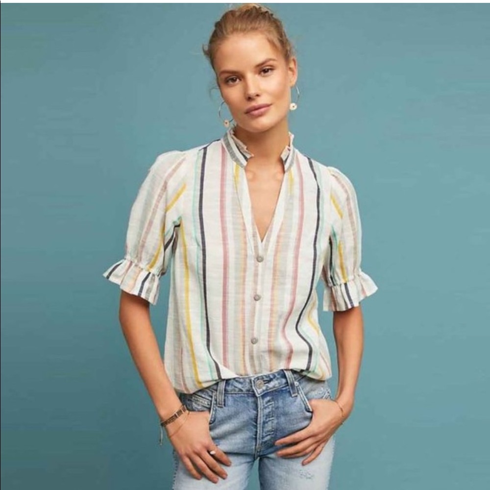 Anthropologie Maeve Alisa Striped Ruffle Button-down Shirt